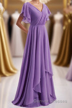 Flutter Sleeves Lavender Chiffon A-line Long Bridesmaid Dress