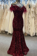 Burgundy Sequin Feather Off-the-Shoulder Mermaid Long Prom Gown
