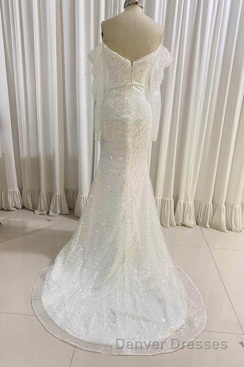Ivory Mermaid Sequined Prom Dress with Long Sleeves, Sparkly Long Party Dress