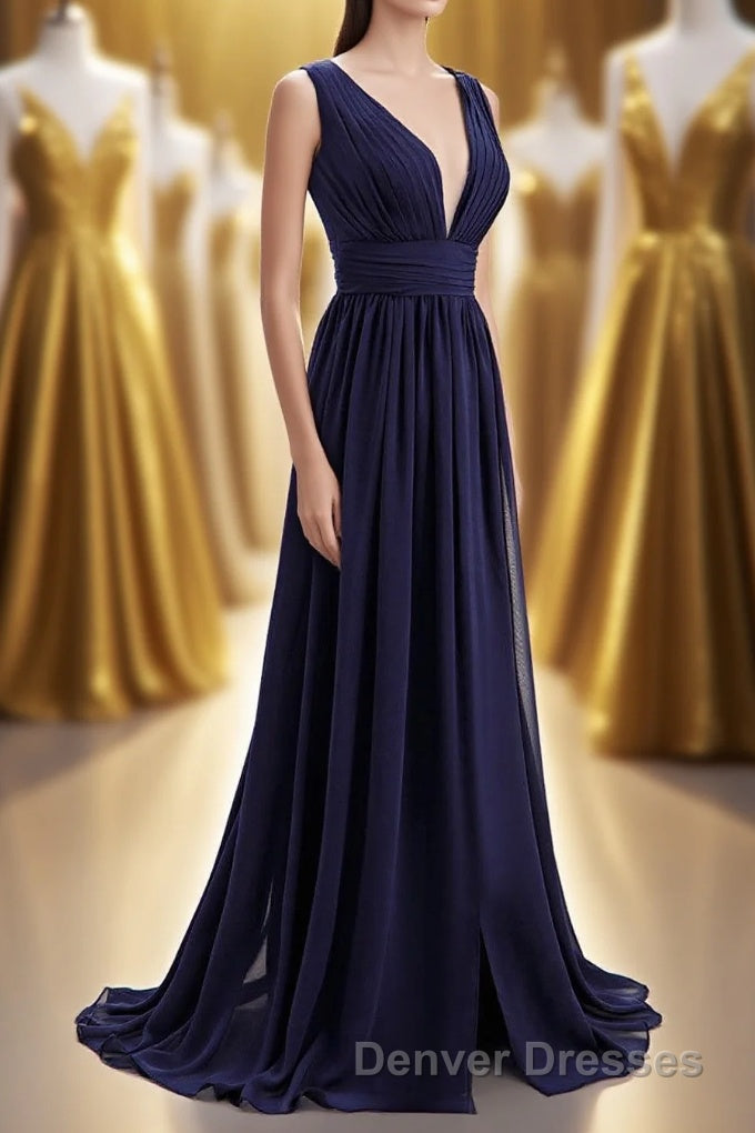 Empire Navy Blue Chiffon A-line Long Bridesmaid Dress Main image