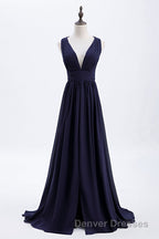 Empire Navy Blue Chiffon A-line Long Bridesmaid Dress