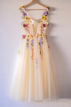 3D Flowers Champagne Tulle Short Prom Dress, Homecoming Dresses Sweet 16 Dress