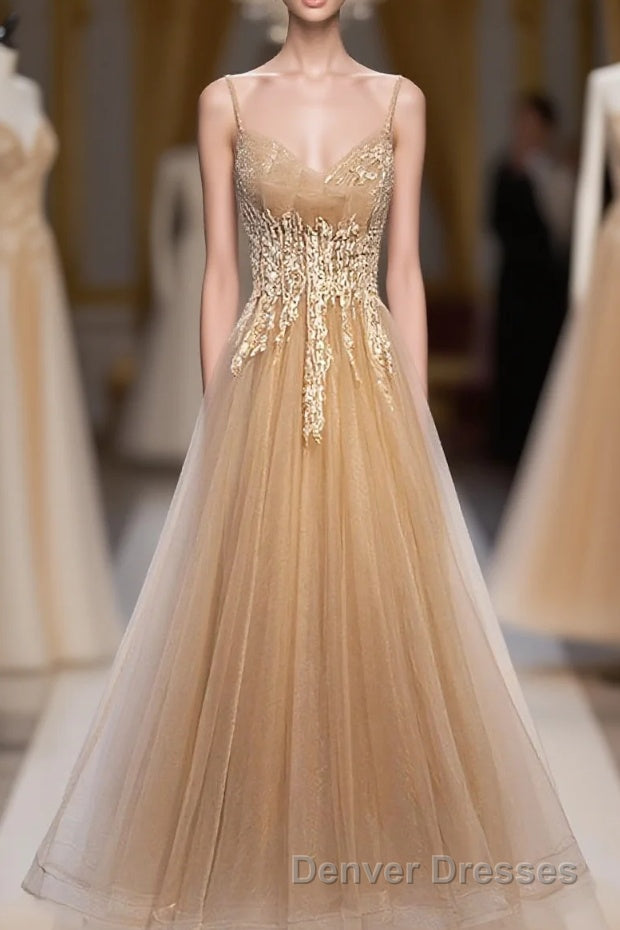 Champagne Tulle Lace Long Prom Dress, Champagne Evening Dress, 9 Main image