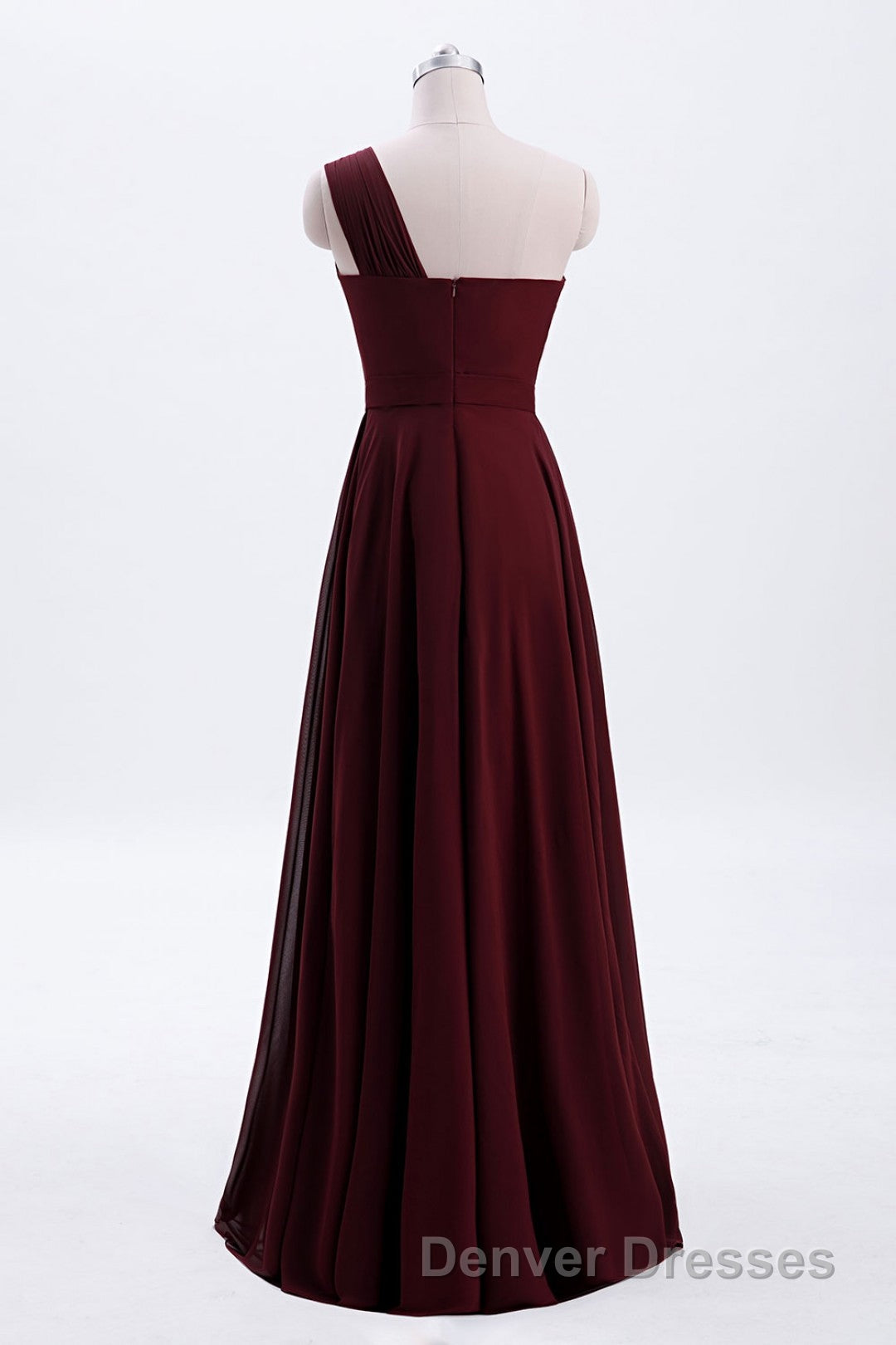 One Shoulder Burgundy A-line Chiffon Long Bridesmaid Dress Secondary image