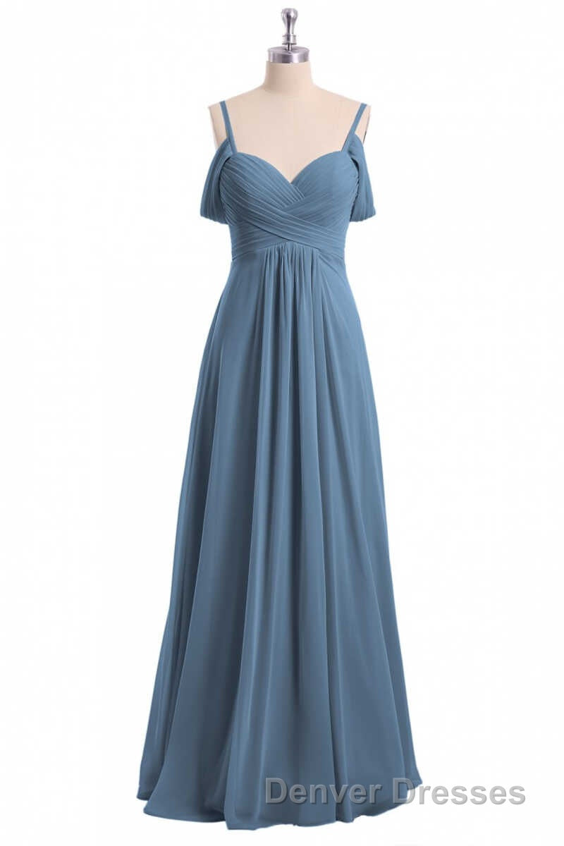 Dusty Blue Chiffon Cold Shoulder A-Line Long Bridesmaid Dress