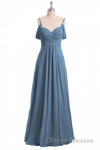 Dusty Blue Chiffon Cold Shoulder A-Line Long Bridesmaid Dress
