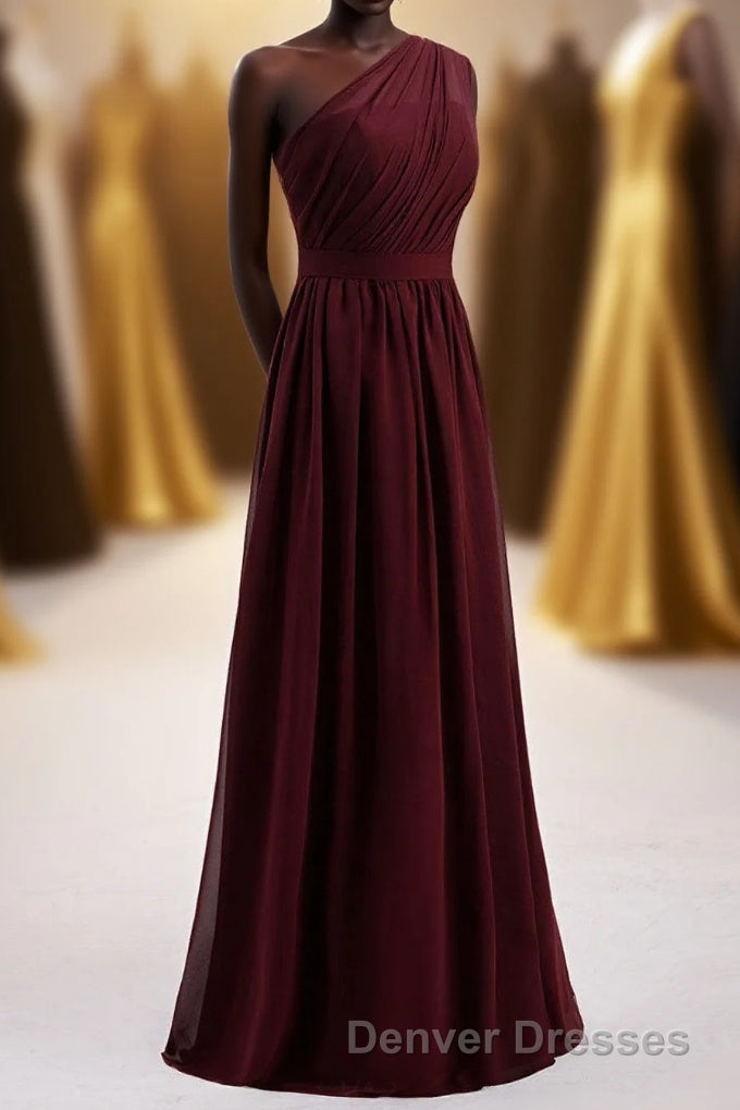 One Shoulder Burgundy A-line Chiffon Long Bridesmaid Dress Main image