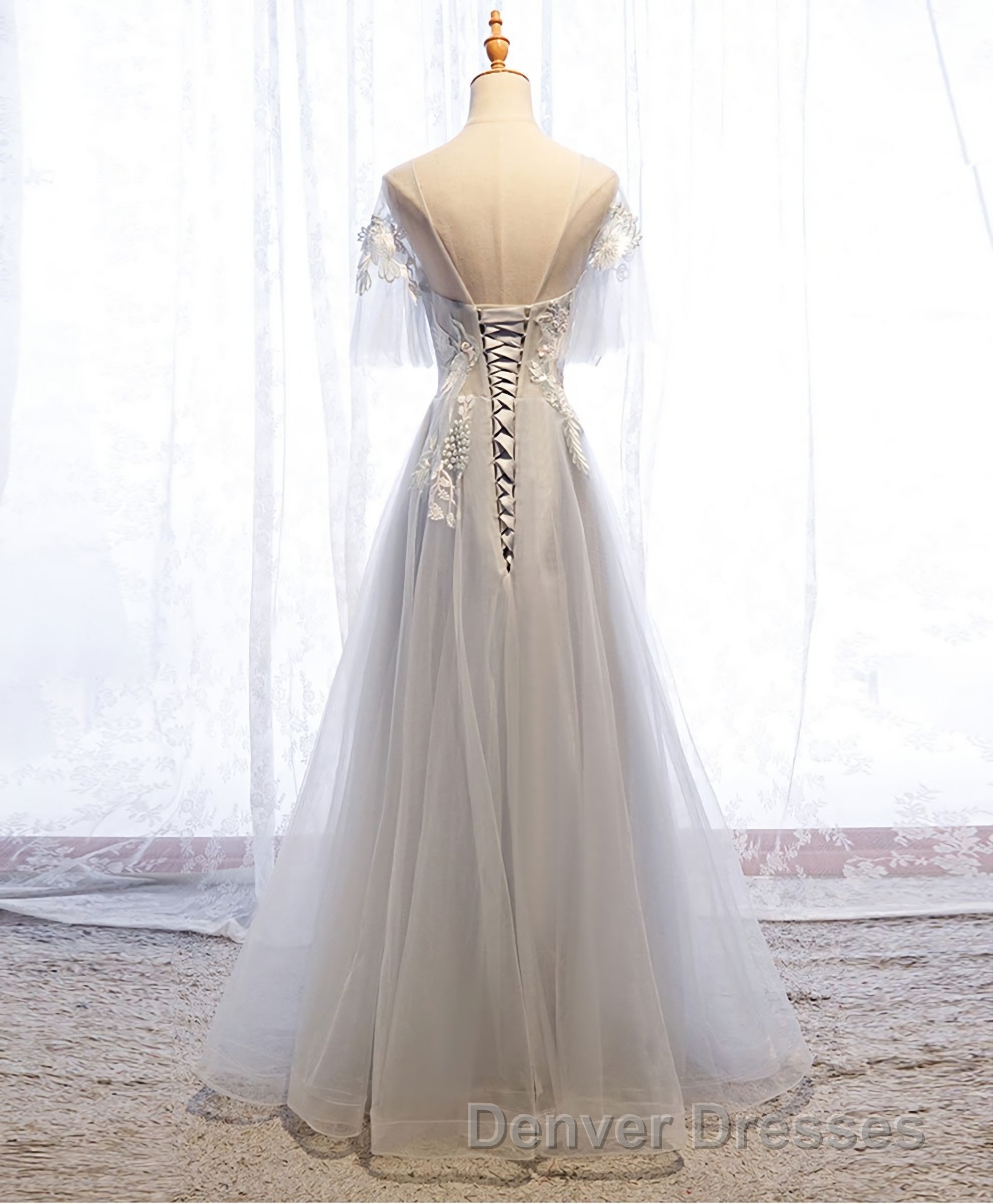 Gray Tulle Lace Long Prom Dress, Gray Tulle Lace Evening Dress, 5 Secondary image
