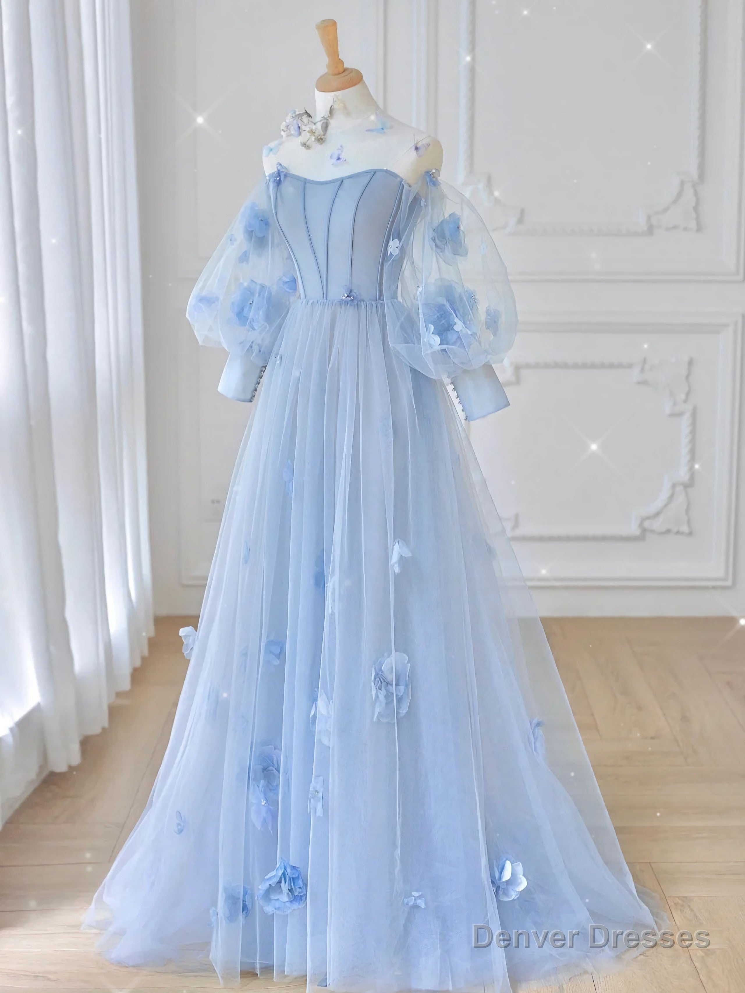 Blue Tulle Lace Long Prom Dress, Blue Tulle Lace Long Evening Dress Main image