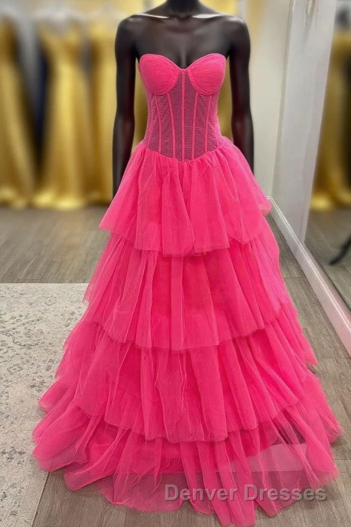 Hot Pink Strapless Layers Tulle A-line Long Prom Dress Main image