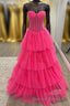 Hot Pink Strapless Layers Tulle A-line Long Prom Dress