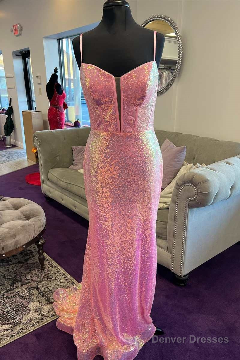 Pink Sequin Split Neck Mermaid Long Prom Gown Main image
