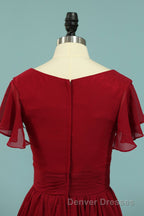 Red Chiffon V-Neck Ruffled A-Line Long Bridesmaid Dress