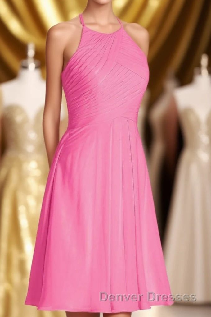 Neon Pink Halter A-Line Short Bridesmaid Dress Main image