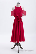 Red Chiffon Cold Sleeves Short Ruffles Bridesmaid Dress
