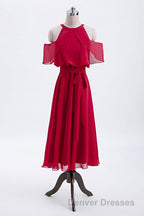Red Chiffon Cold Sleeves Short Ruffles Bridesmaid Dress