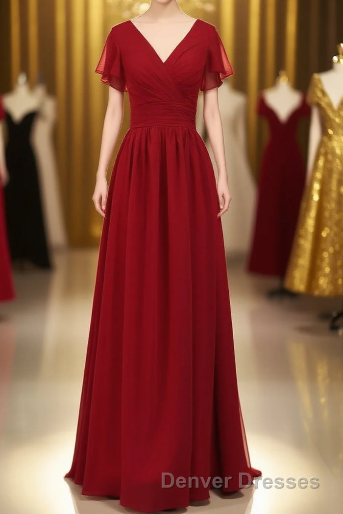 Red Chiffon V-Neck Ruffled A-Line Long Bridesmaid Dress Main image