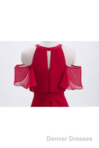 Red Chiffon Cold Sleeves Short Ruffles Bridesmaid Dress