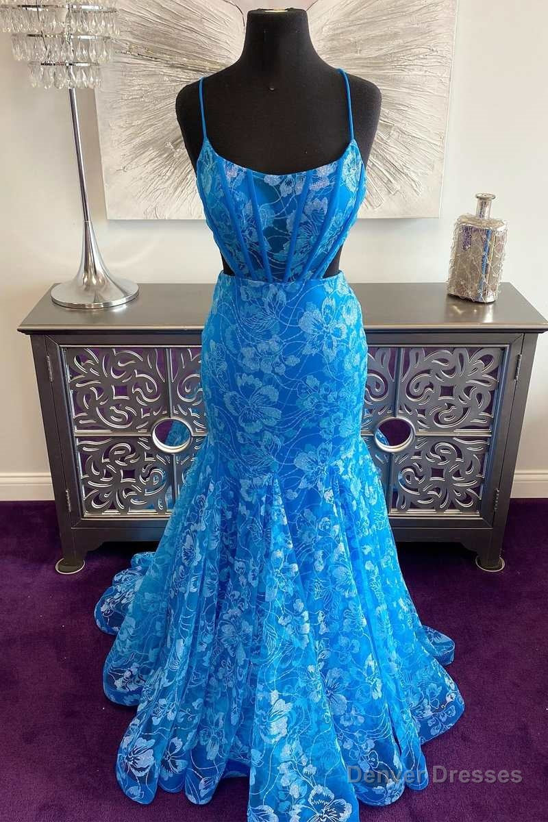 Blue Floral Lace Backless Trumpet Long Prom Gown Secondary image