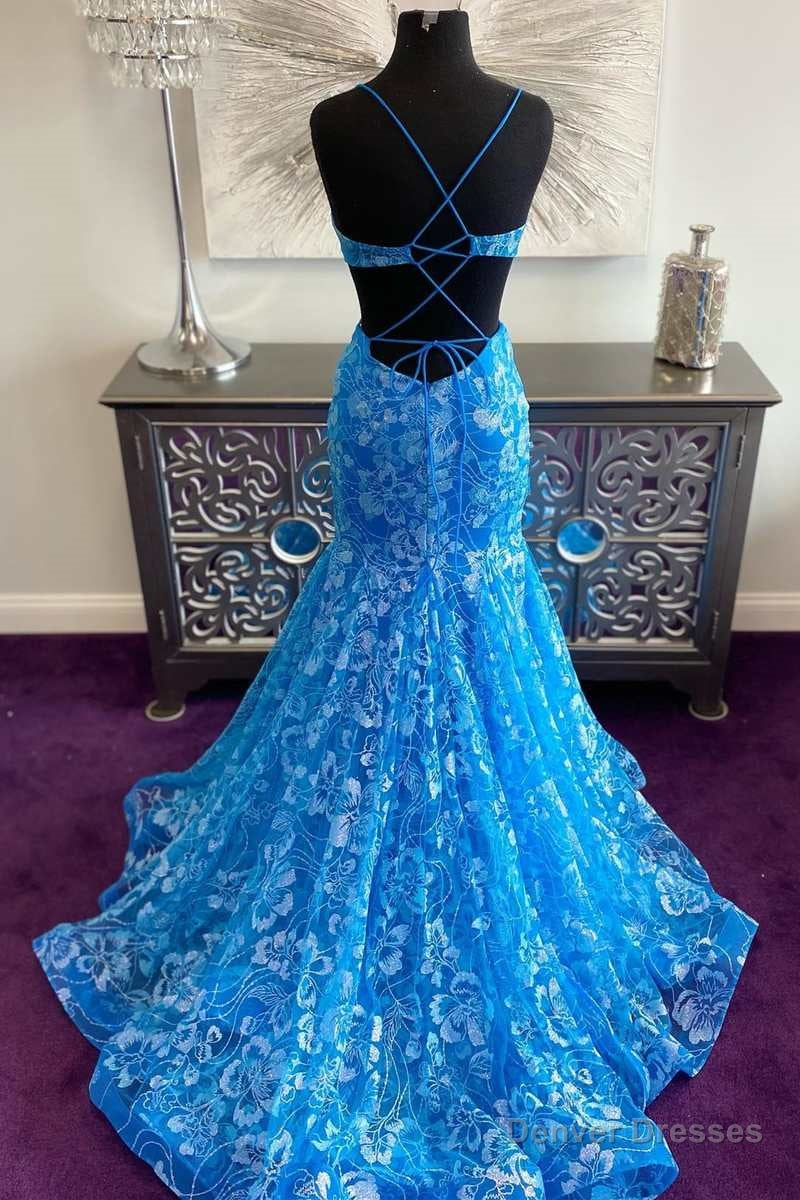 Blue Floral Lace Backless Trumpet Long Prom Gown Main image