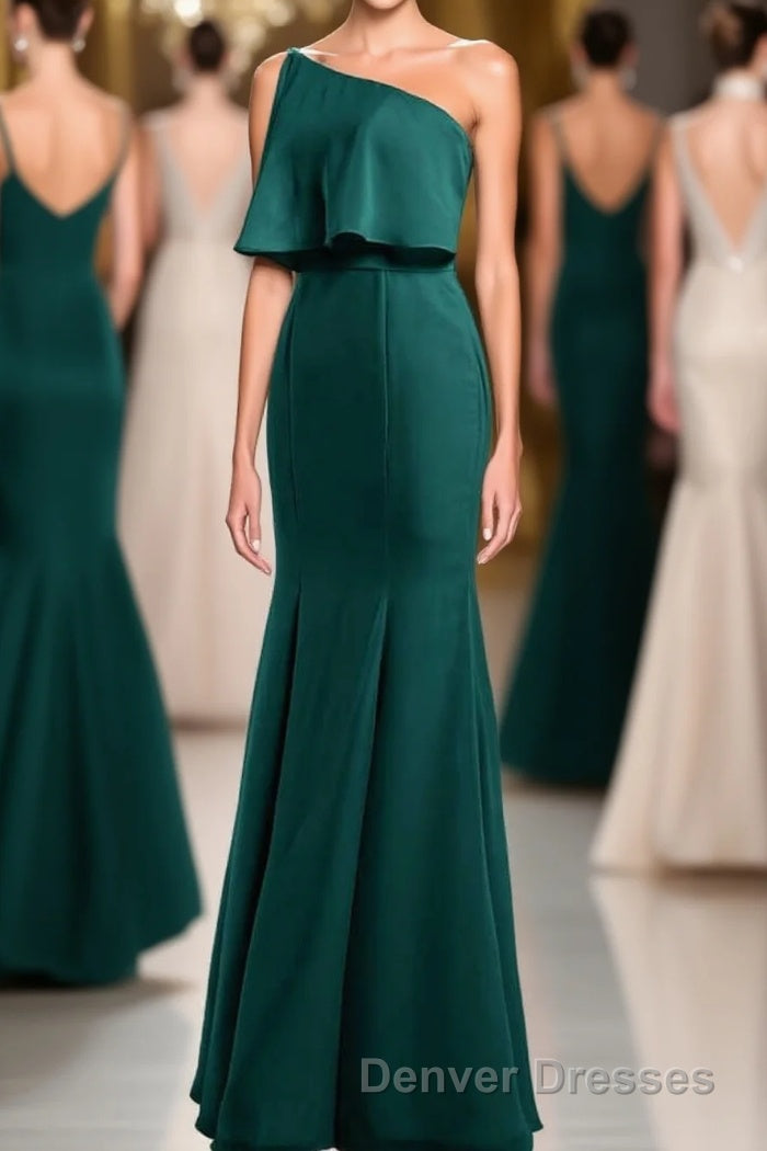 Hunter Green One-Shoulder Mermaid Ruffled Long Bridesmaid Dress Main image