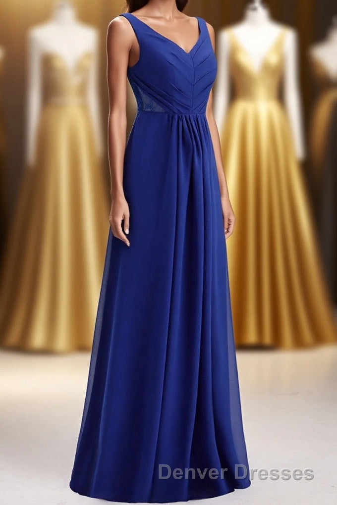 Royal Blue Pleated A-line Chiffon Long Bridesmaid Dress Main image