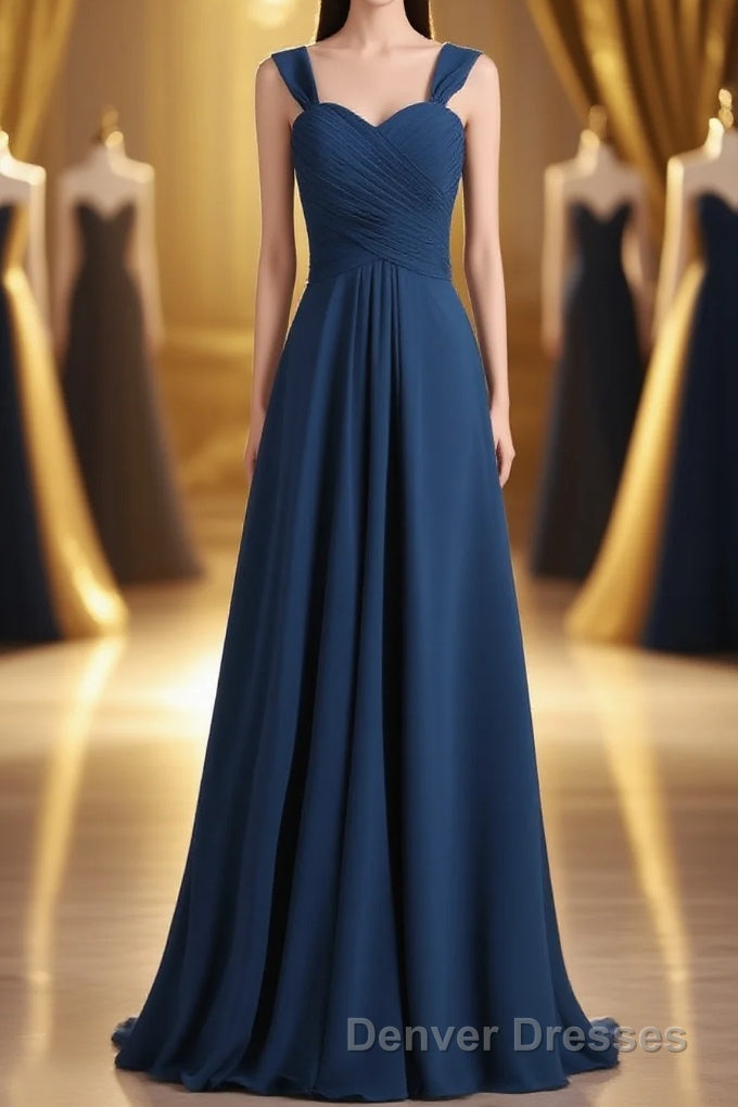 Navy Blue Chiffon Sweetheart A-Line Long Bridesmaid Dress Main image