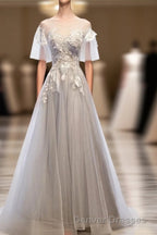 Gray Tulle Lace Long Prom Dress, Gray Tulle Lace Evening Dress, 5