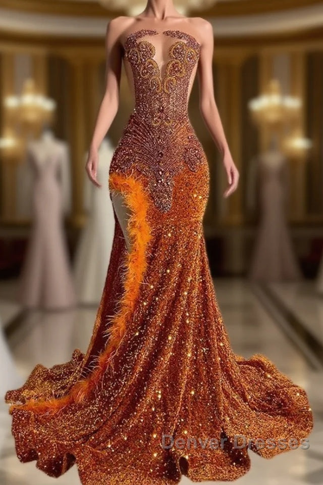 Mermaid Style Burnt Orange Sequins Prom Dress with Side Slit Long Length Beadings and Feathers Main image
