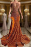 Mermaid Style Burnt Orange Sequins Prom Dress with Side Slit Long Length Beadings and Feathers