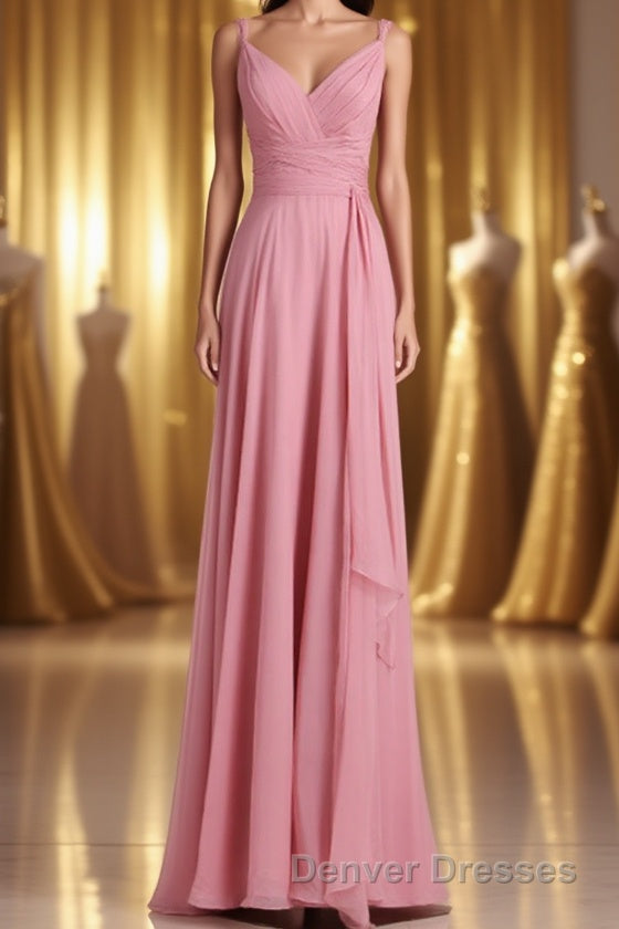 Pink V-Neck Lace-Up Long Bridesmaid Dress Main image