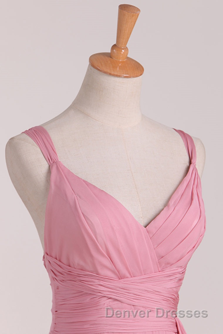 Pink V-Neck Lace-Up Long Bridesmaid Dress