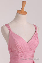 Pink V-Neck Lace-Up Long Bridesmaid Dress
