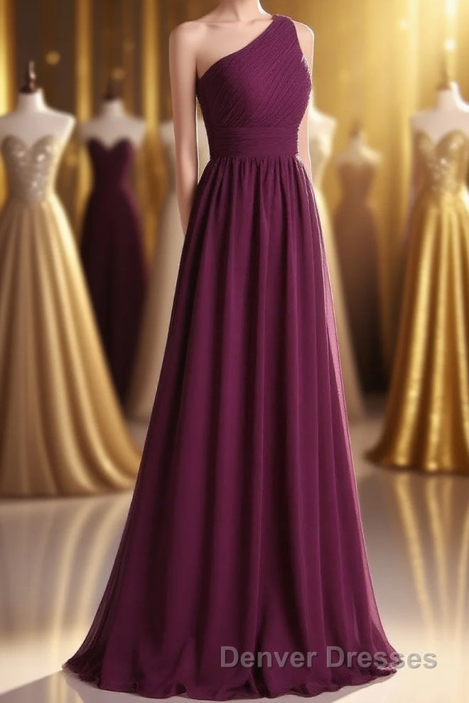 Magenta Chiffon One-Shoulder A-Line Long Bridesmaid Dress Main image