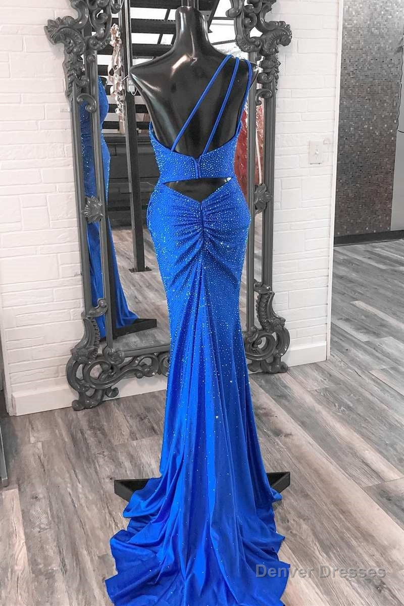 Blue Beaded One-Shoulder Ruched Long Formal Dress with Slit Secondary image