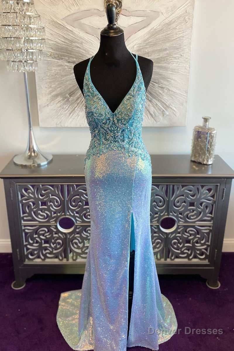 Blue Iridescent Sequin V-Neck Lace-Up Back Mermaid Long Prom Dress Secondary image