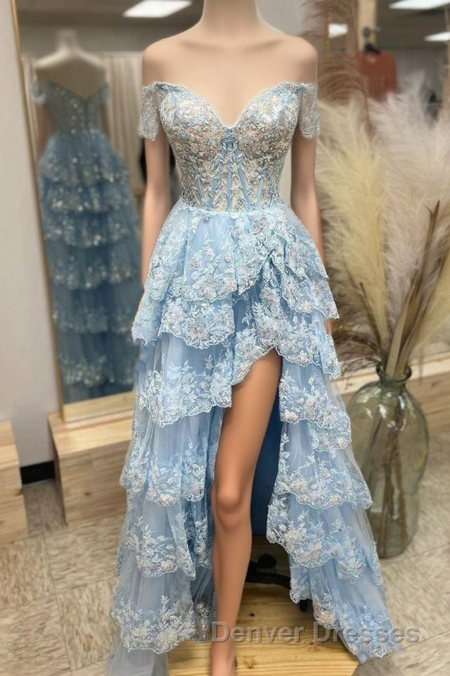 Light Blue Lace Sweetheart Tiered Long Prom Dress with Slit Main image