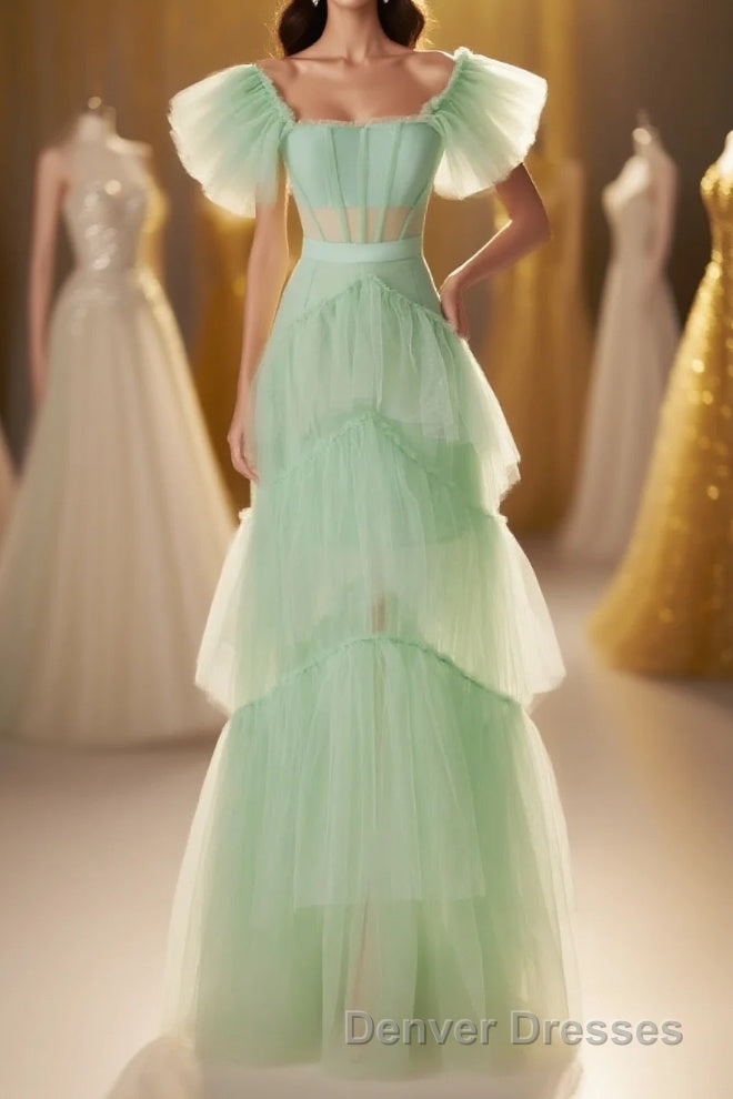 Mint Green Flare Sleeves Ruffles Long Party Dress Main image