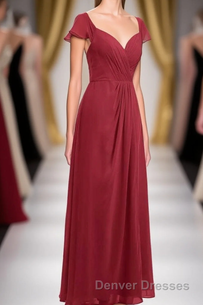 Wine Red Chiffon Backless Ruffled Sleeve Long Bridesmaid Dress