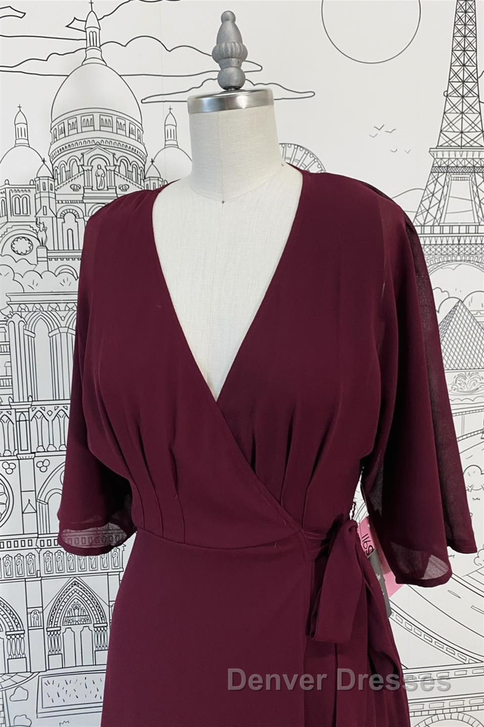 Wrap V Neck Sleeves Chiffon Long Bridesmaid Dress with Sash Secondary image