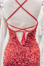 Red Lace-Up Sequins Sheath V Neck Homecoming Dress with Tassels