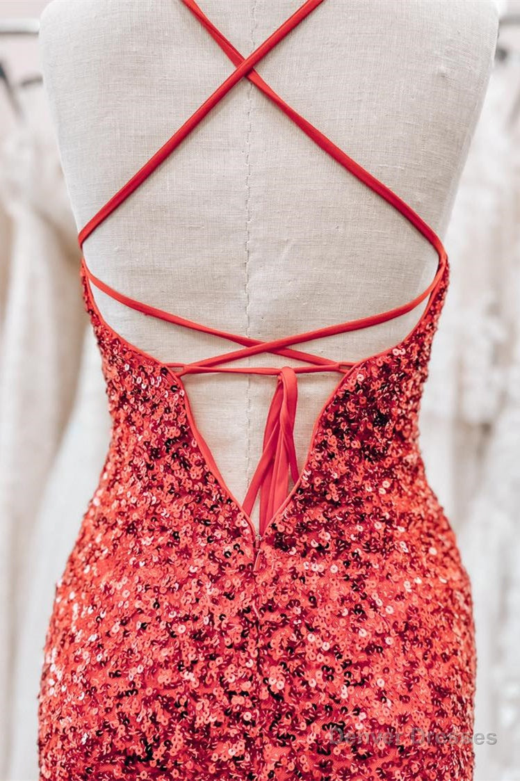 Red Lace-Up Sequins Sheath V Neck Homecoming Dress with Tassels