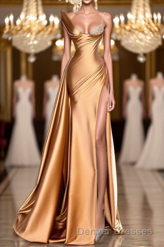 One Shoulder Long Sleeves Mermaid Prom Dress Split With Beads