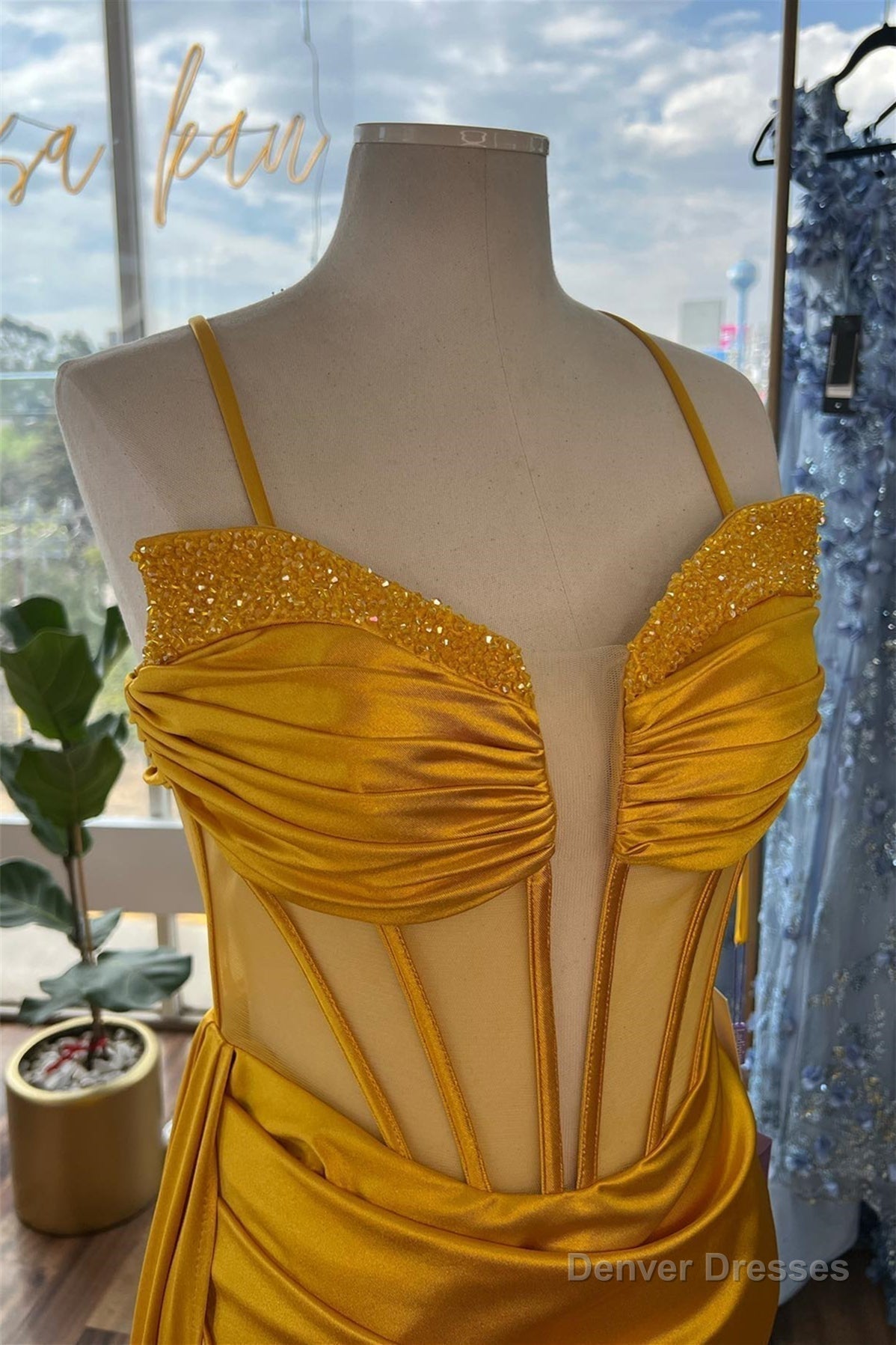 Yellow Beaded Mermaid Satin Deep V Neck Long Prom Dress with Slit Secondary image