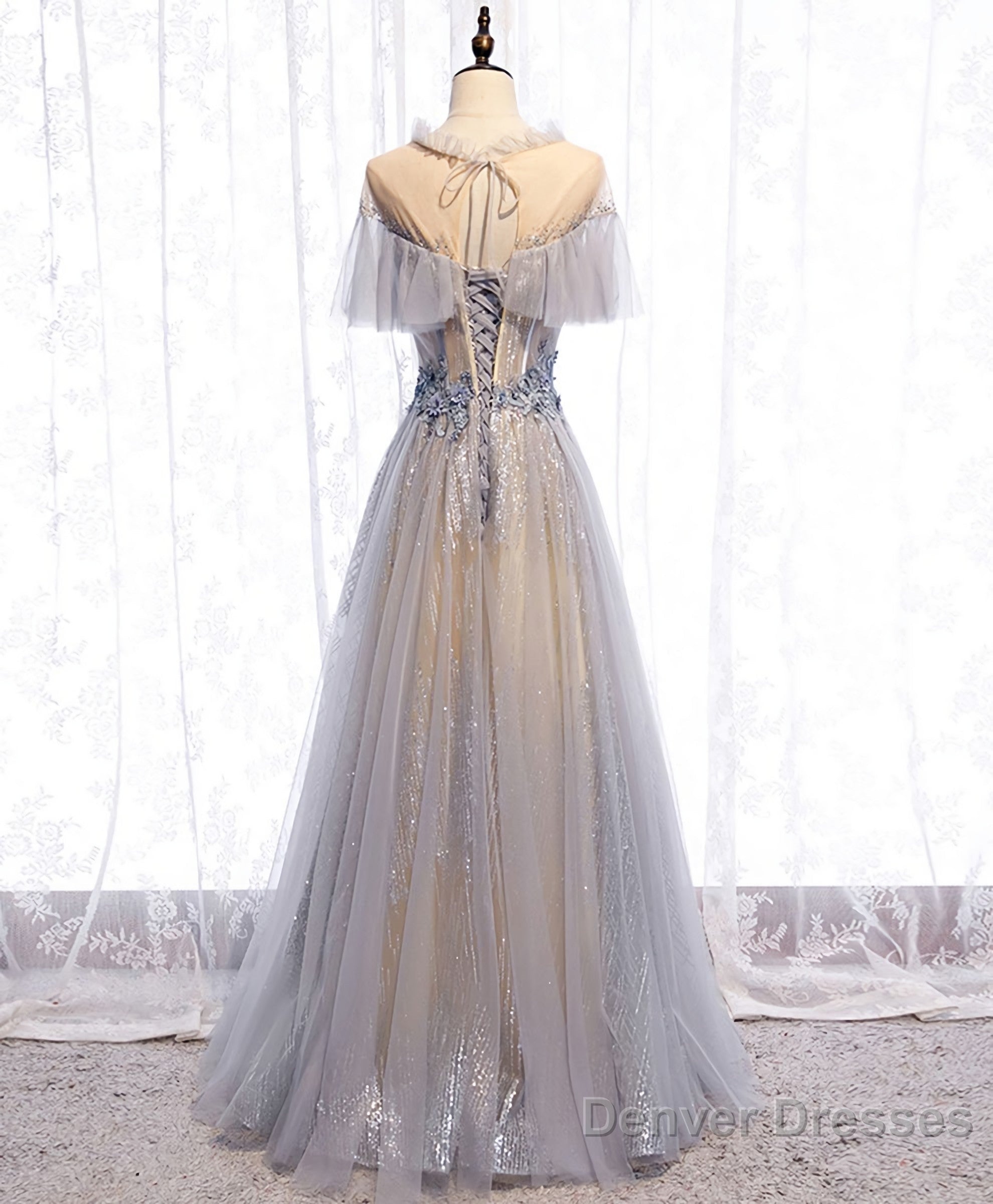 Gray Tulle Lace Long Prom Dress, Gray Tulle Formal Dress, 3