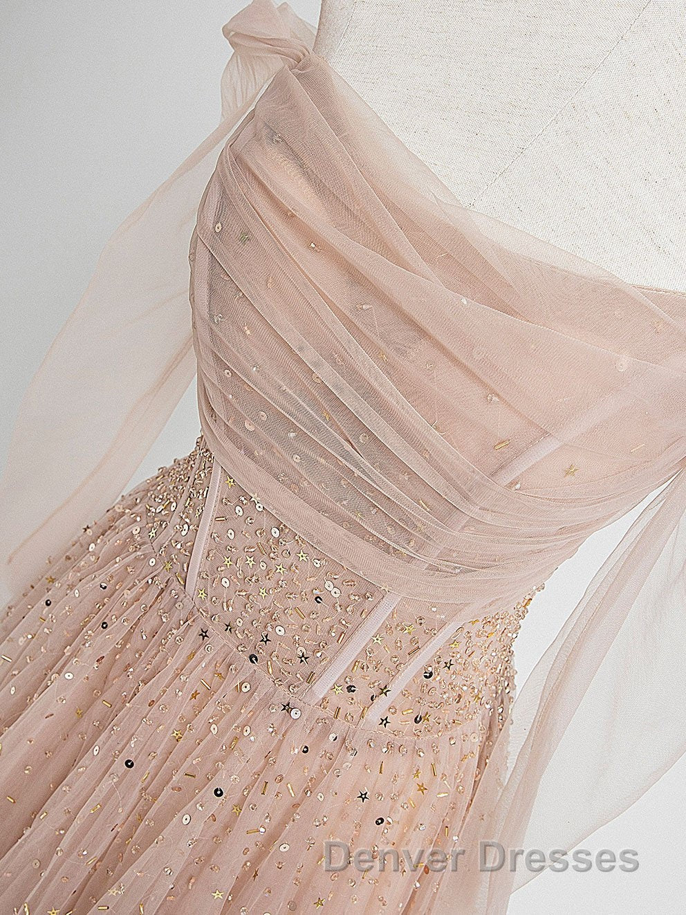 Champagne Pink Tulle Beads Long Prom Dress, Champagne Evening Dress Secondary image