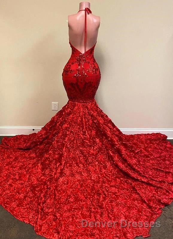 Burgundy Halter Mermaid V-neck Low back Flowers Prom Dress Secondary image