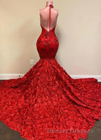 Burgundy Halter Mermaid V-neck Low back Flowers Prom Dress