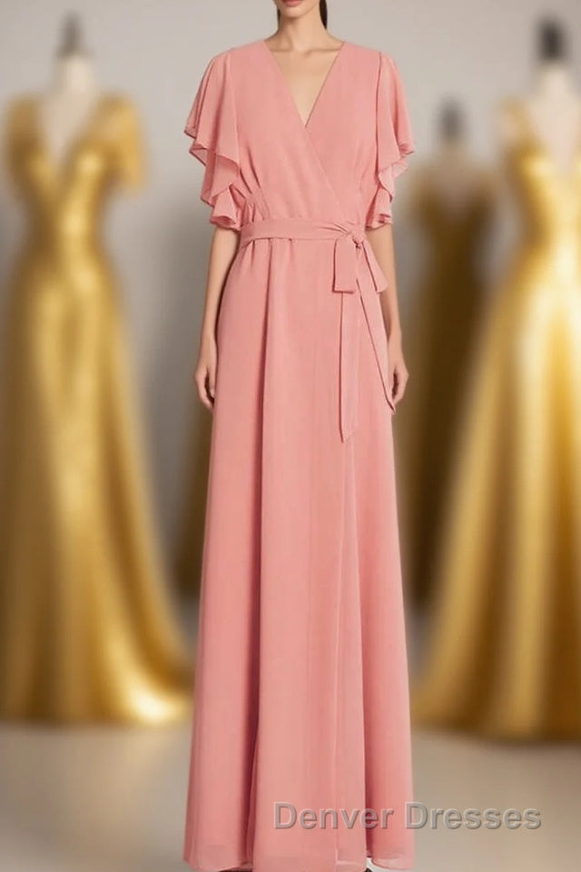 Peach Wrap Ruffled Long Bridesmaid Dress Main image