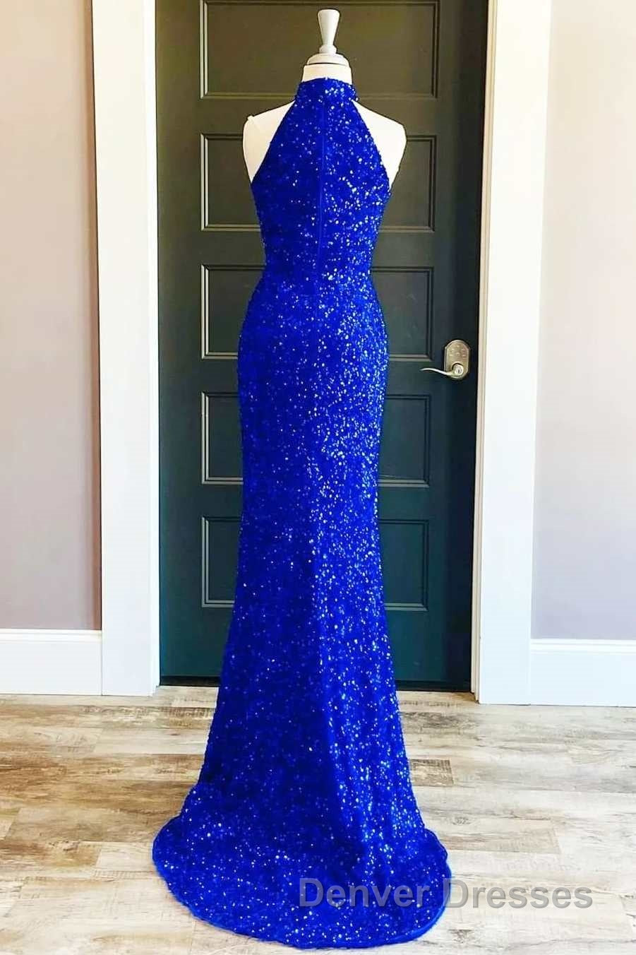 Blue Sequin Halter Long Formal Dress with Slit Secondary image